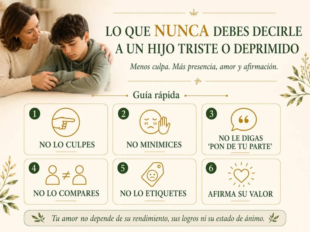 Guía rápida sobre lo que nunca debes decirle a un hijo triste o deprimido, con consejos para acompañarlo con amor, presencia y afirmación