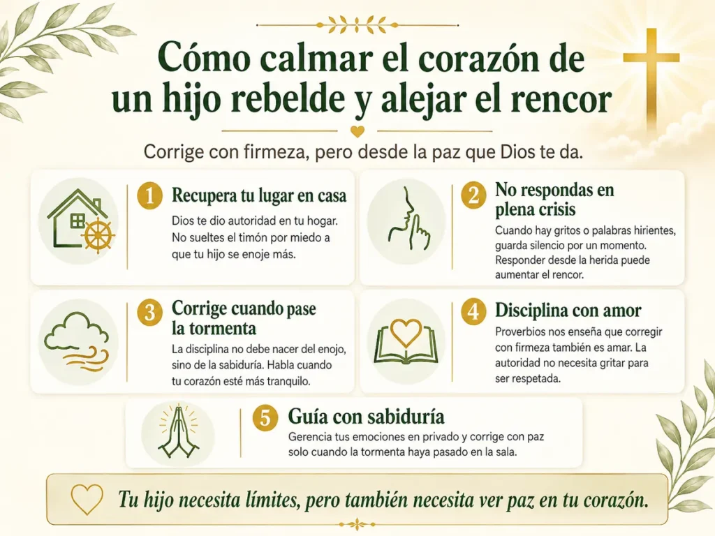 Infografía cristiana sobre cómo calmar el corazón de un hijo rebelde, corregir con paz, mantener la autoridad en el hogar y alejar el rencor familiar.