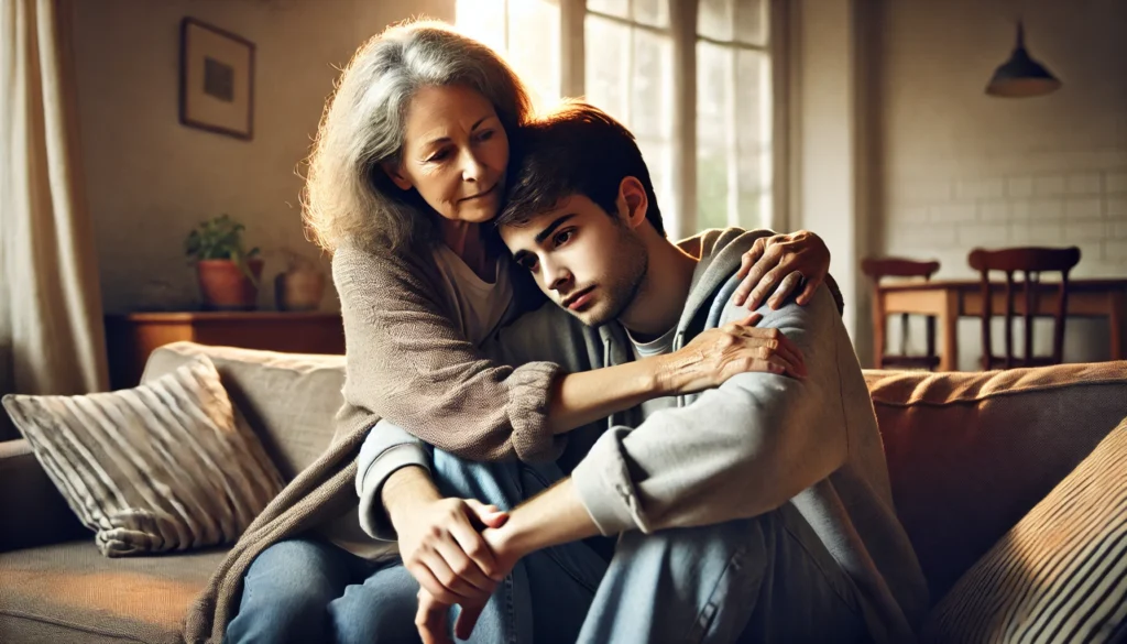 una madre abraza y ora por su hijo drogadicto.