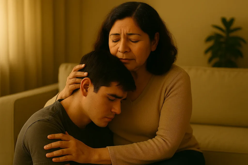madre consolando a su hijo adicto a las drogas